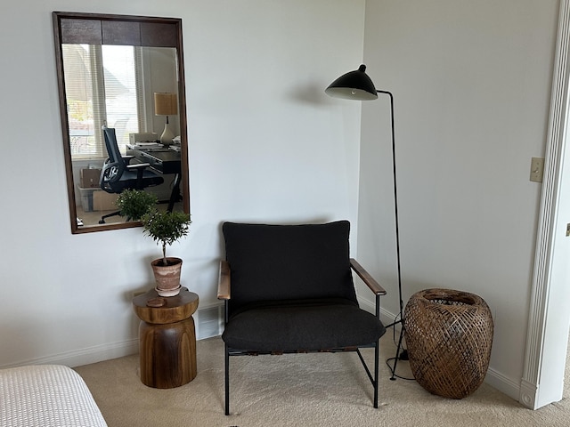 living area featuring light colored carpet