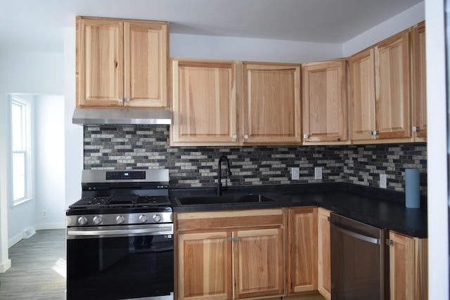 kitchen featuring appliances with stainless steel finishes, sink, light brown cabinets, and backsplash