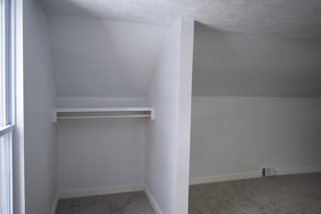 bonus room featuring lofted ceiling, carpet floors, and a textured ceiling