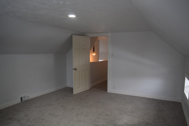 additional living space featuring vaulted ceiling, carpet flooring, and a textured ceiling