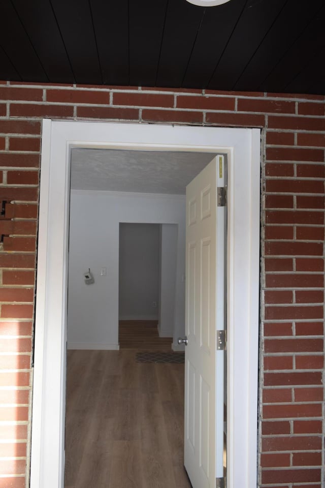 hallway with wood-type flooring and wood walls