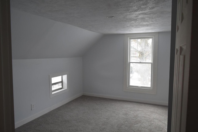 additional living space with vaulted ceiling, carpet, and a textured ceiling