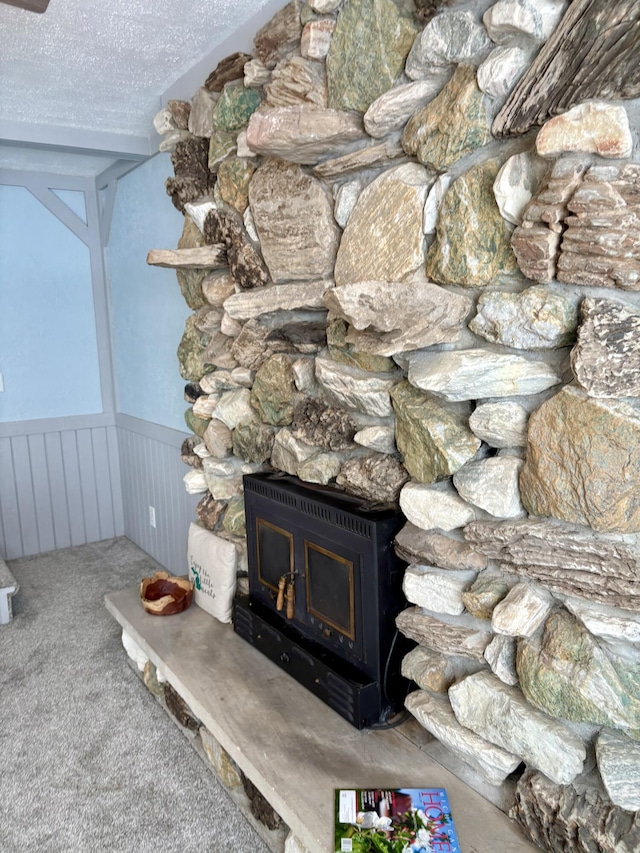 details with a textured ceiling, wainscoting, carpet flooring, and a wood stove