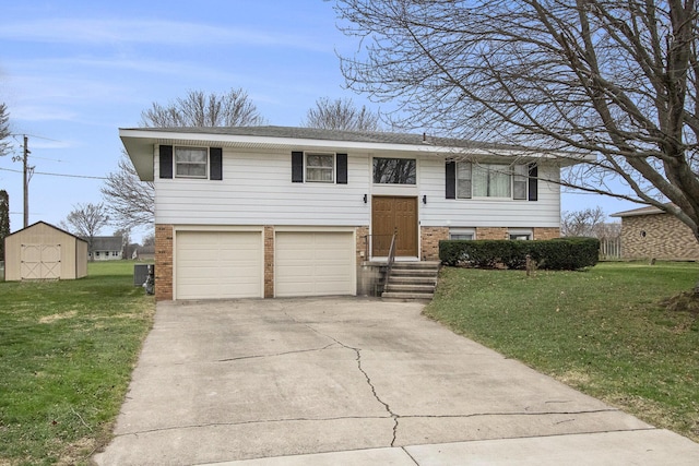 raised ranch featuring a front yard and a garage