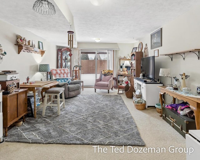 living room with carpet and a textured ceiling