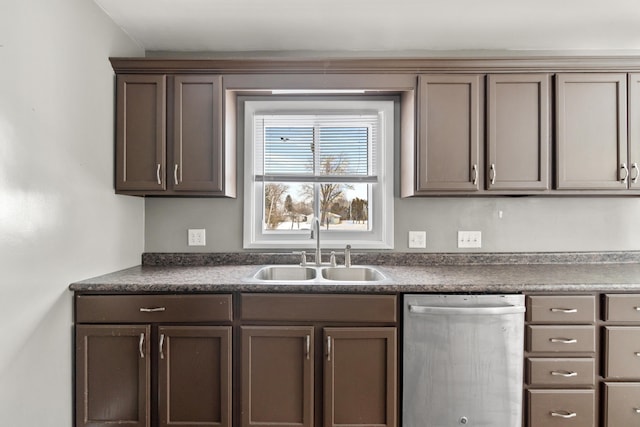 kitchen featuring dishwasher, sink, and dark brown cabinets