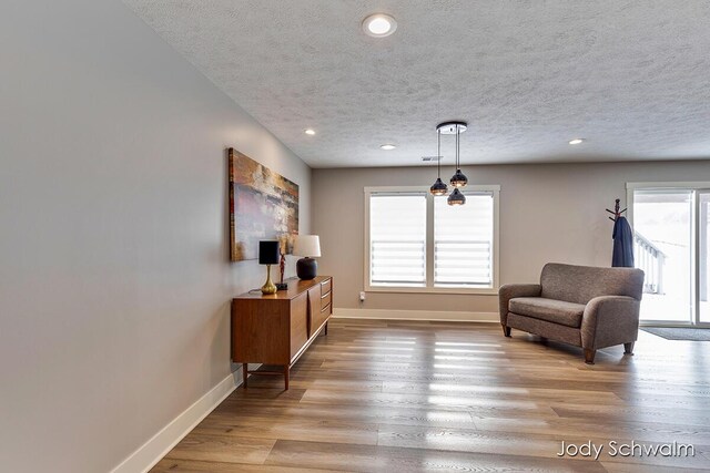 sitting room with hardwood / wood-style floors and a textured ceiling