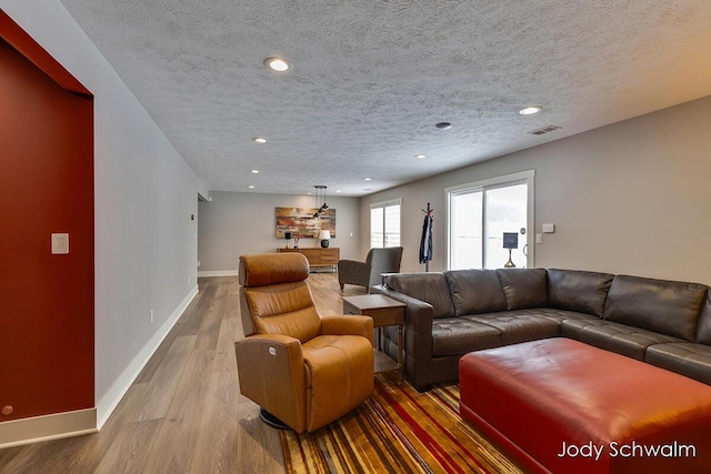 living room with hardwood / wood-style floors and a textured ceiling