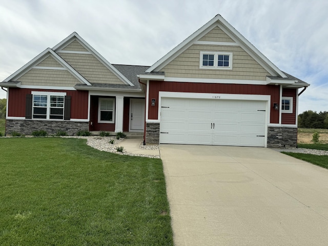 craftsman house featuring concrete driveway, board and batten siding, a garage, stone siding, and a front lawn