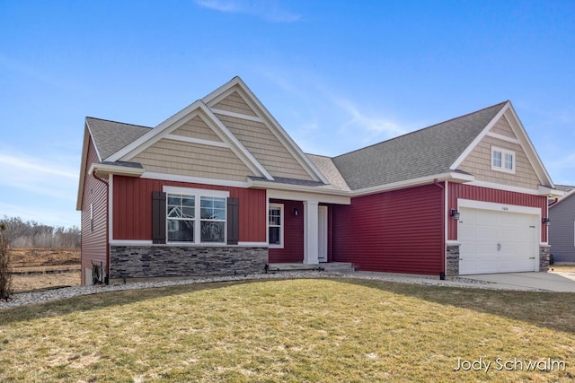 craftsman-style house with a shingled roof, a front lawn, a garage, stone siding, and driveway