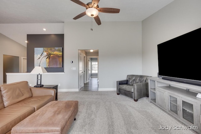 carpeted living room with recessed lighting, baseboards, and a ceiling fan