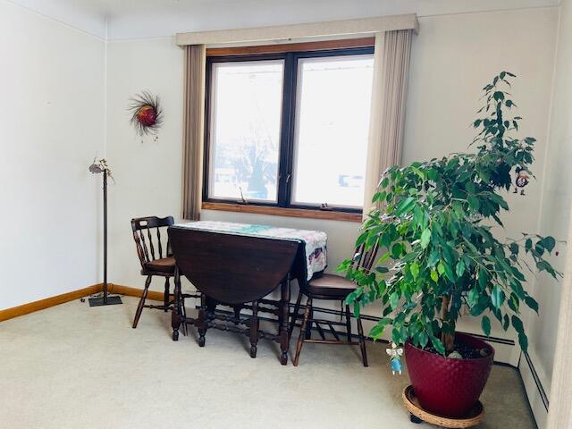 carpeted dining room featuring baseboard heating