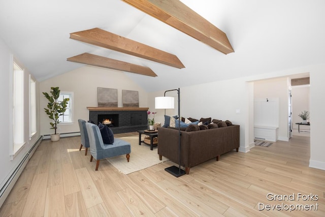 living room with light wood-type flooring, a fireplace, lofted ceiling with beams, and baseboard heating