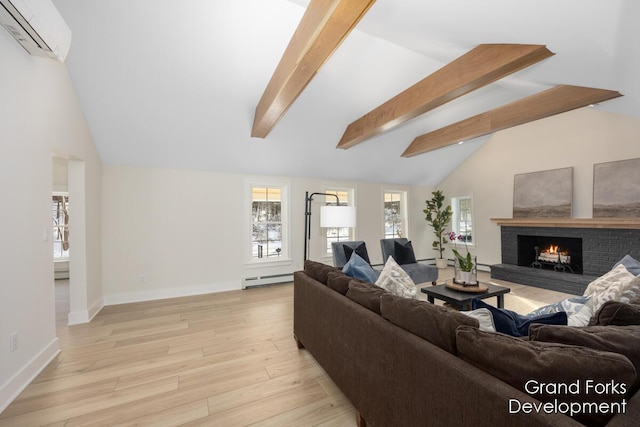 living room featuring lofted ceiling with beams, baseboard heating, light hardwood / wood-style floors, a brick fireplace, and a wall unit AC