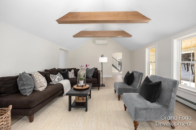 living room featuring a wall unit AC, lofted ceiling with beams, baseboard heating, and light wood-type flooring