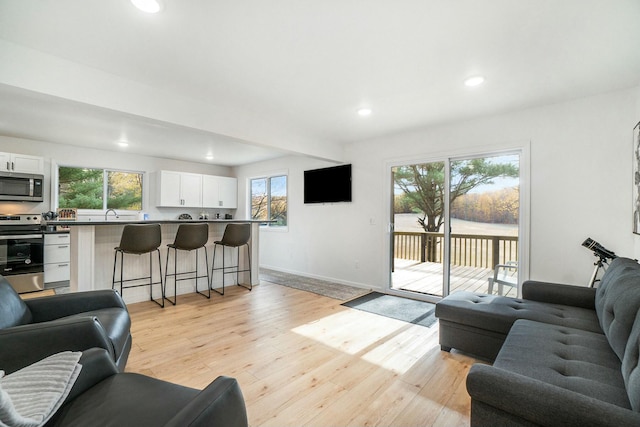 living room with sink and light wood-type flooring