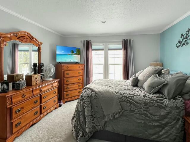 bedroom featuring carpet floors, a textured ceiling, and crown molding