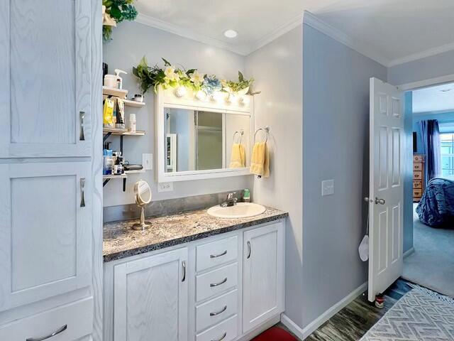 bathroom with vanity, ornamental molding, and wood-type flooring