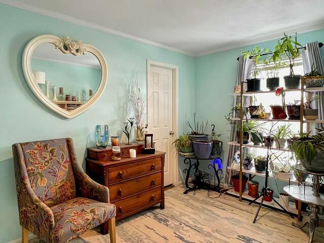 living area with light hardwood / wood-style floors and crown molding