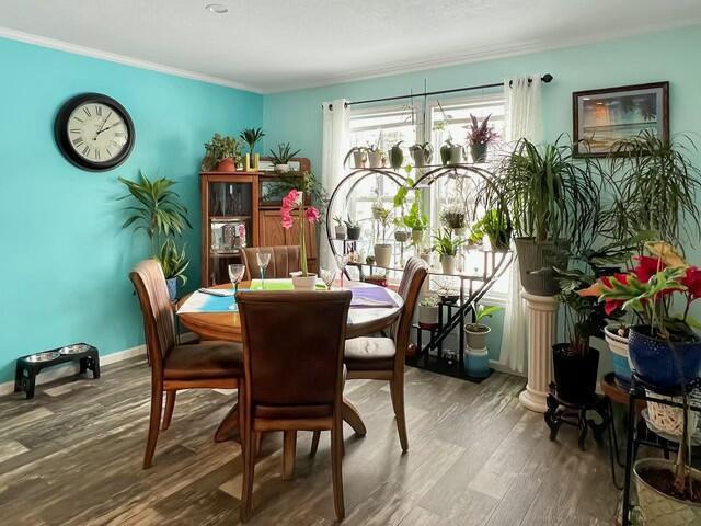 dining area featuring hardwood / wood-style flooring and crown molding