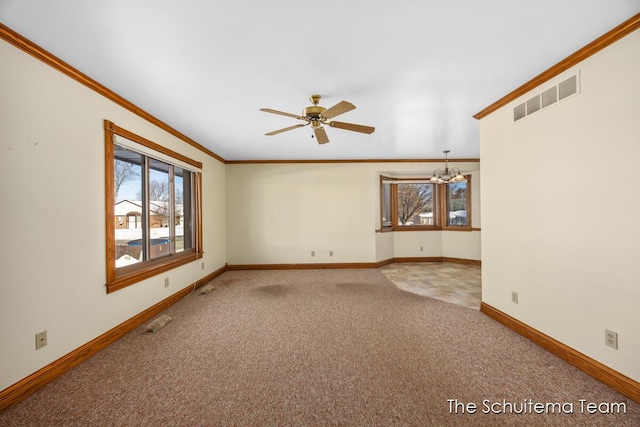 unfurnished living room featuring crown molding, ceiling fan with notable chandelier, and light carpet