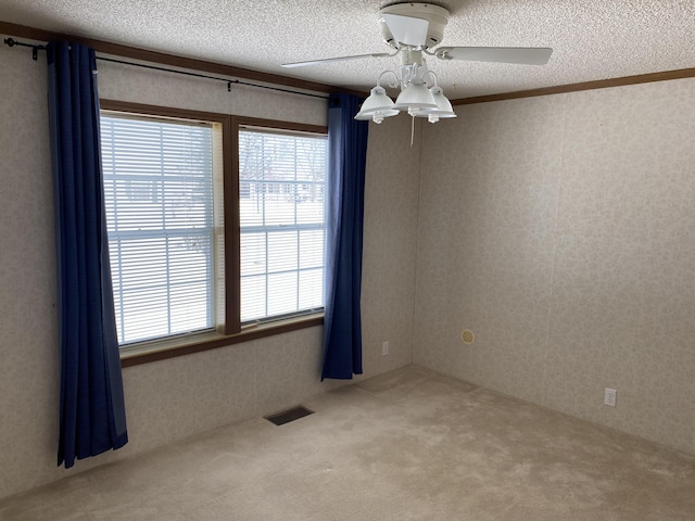 unfurnished room with crown molding, ceiling fan, carpet floors, and a textured ceiling