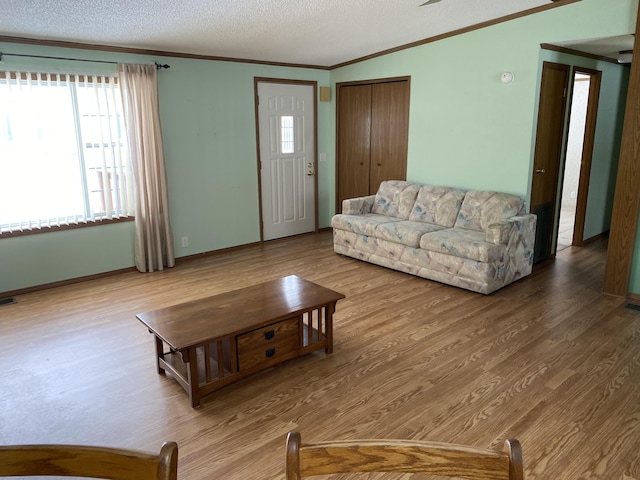 living room featuring crown molding, wood-type flooring, and a textured ceiling