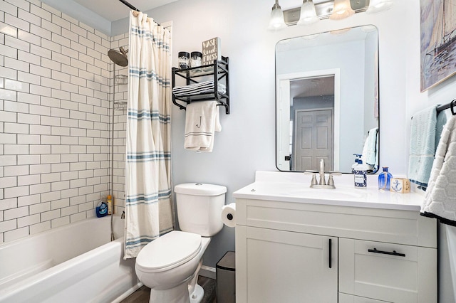 full bathroom featuring shower / bathtub combination with curtain, vanity, and toilet