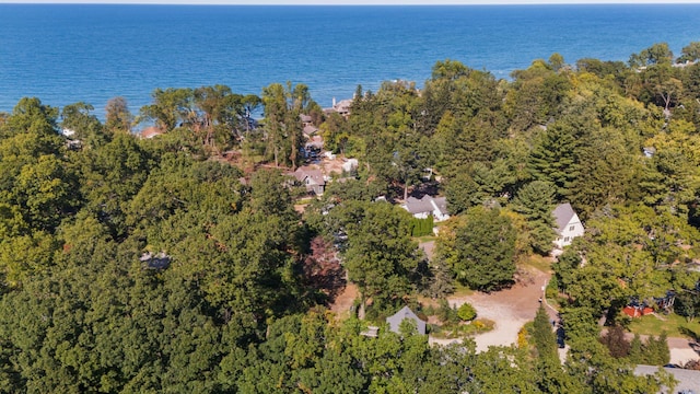 drone / aerial view featuring a water view and a wooded view