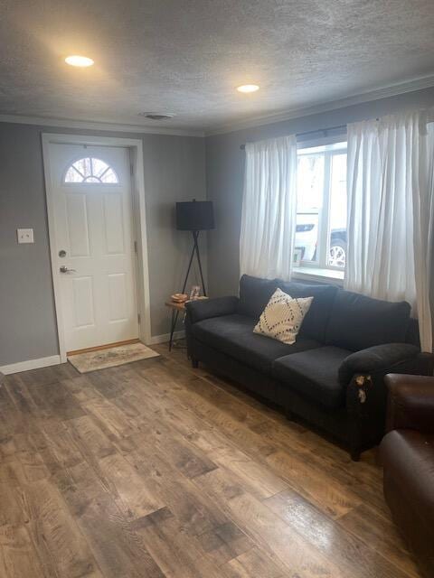 foyer featuring crown molding, hardwood / wood-style flooring, and a textured ceiling