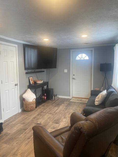 living room featuring wood-type flooring and ornamental molding