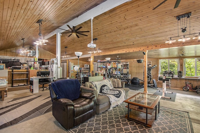 living room with wood ceiling, ceiling fan, high vaulted ceiling, and wood walls