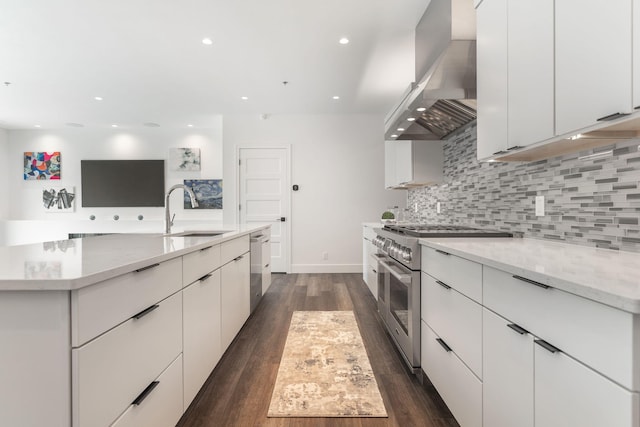 kitchen with sink, exhaust hood, appliances with stainless steel finishes, dark hardwood / wood-style flooring, and white cabinets