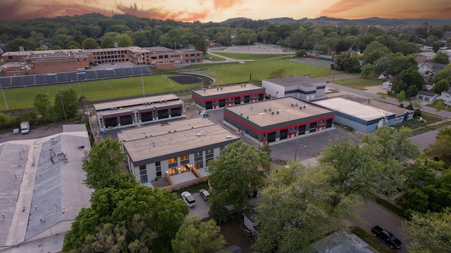 view of aerial view at dusk