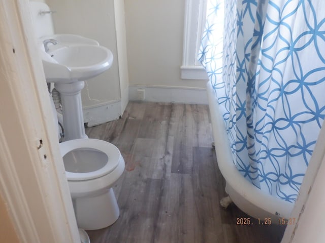 bathroom featuring walk in shower, toilet, and hardwood / wood-style floors