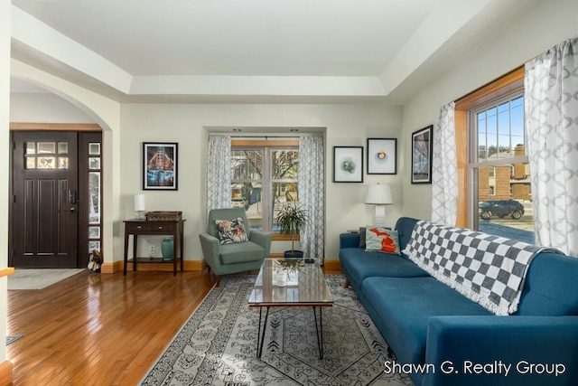 living room with wood-type flooring, a raised ceiling, and a wealth of natural light