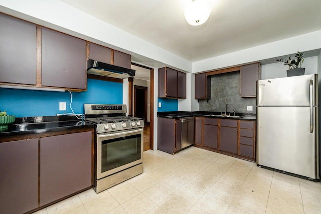 kitchen featuring stainless steel appliances, dark brown cabinets, and sink