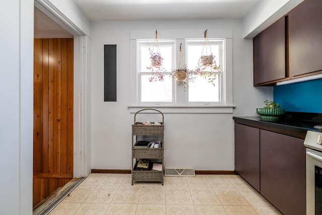 kitchen featuring electric range, dark brown cabinetry, and a fireplace