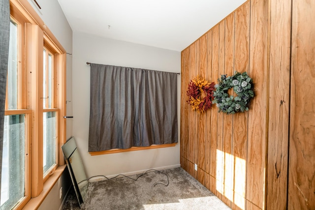 carpeted empty room featuring wooden walls