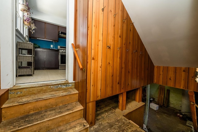 staircase with wooden walls