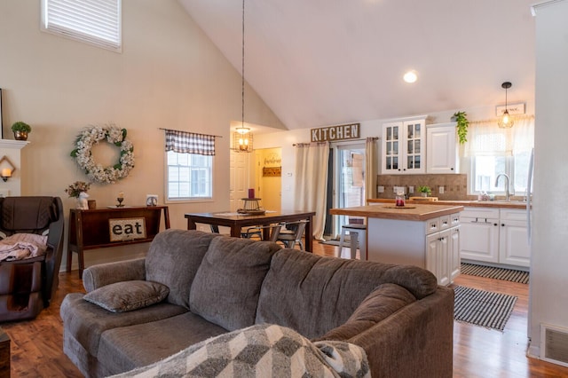 living room with sink, light hardwood / wood-style floors, and a healthy amount of sunlight