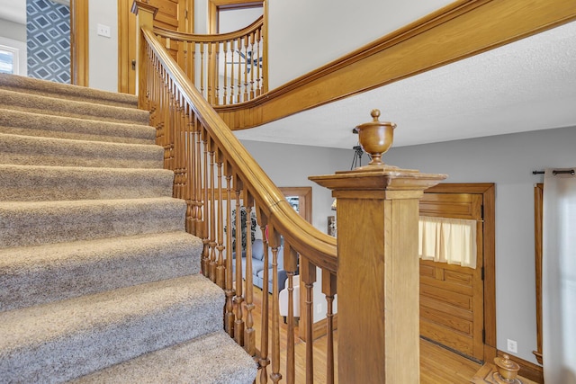 staircase featuring a healthy amount of sunlight and carpet flooring