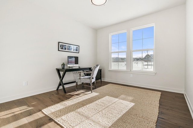 home office featuring dark hardwood / wood-style flooring