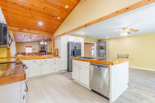 kitchen with stainless steel appliances, white cabinetry, wooden ceiling, and kitchen peninsula