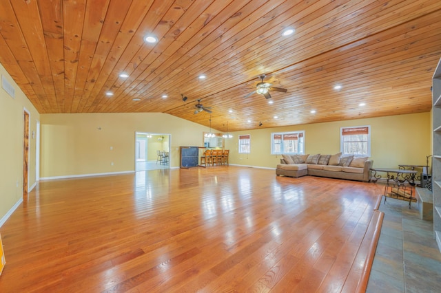 unfurnished living room featuring ceiling fan, lofted ceiling, light hardwood / wood-style floors, and wooden ceiling