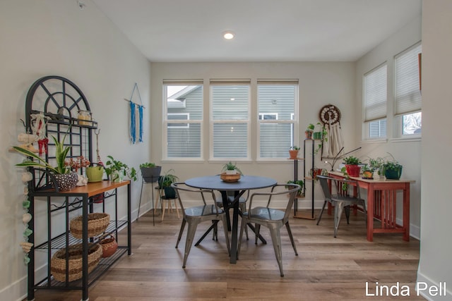 dining area with baseboards and wood finished floors