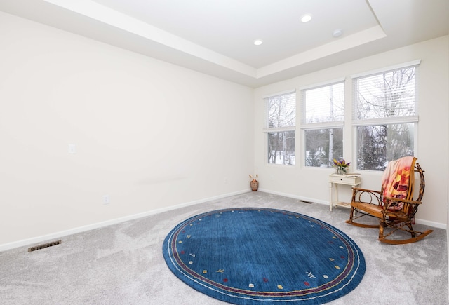 living area featuring a tray ceiling and carpet floors