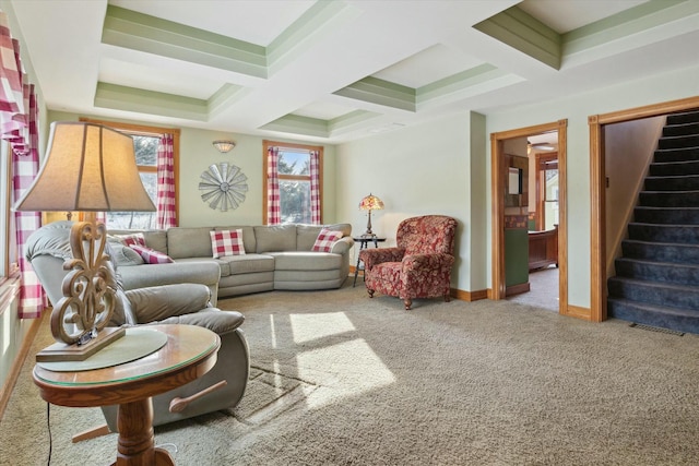 living room featuring coffered ceiling, carpet floors, and beam ceiling