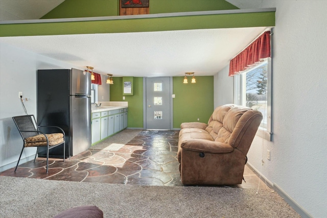 living room featuring sink and carpet