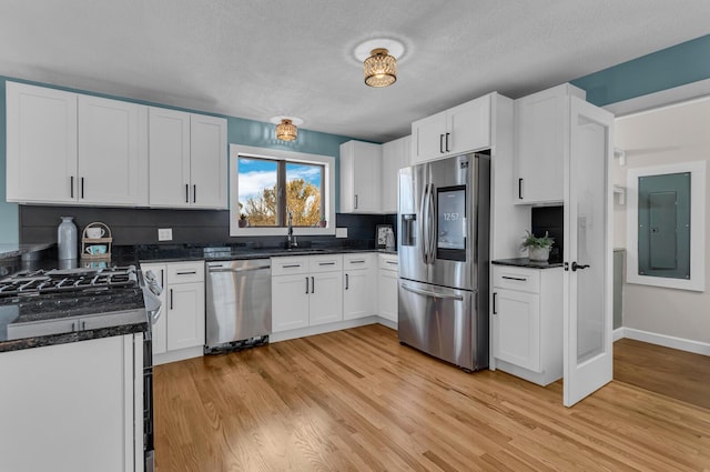 kitchen featuring appliances with stainless steel finishes, sink, white cabinets, electric panel, and light hardwood / wood-style floors